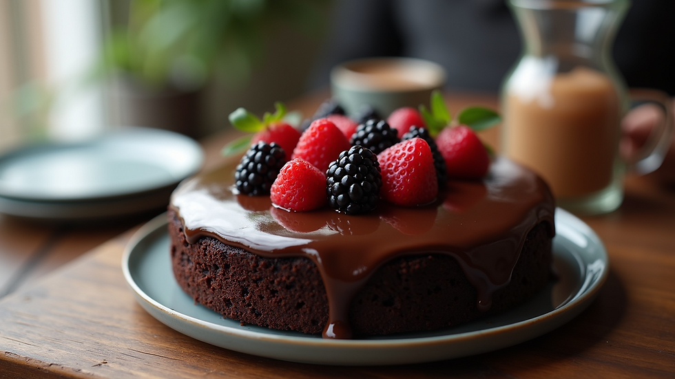 Eye-level view of a rich chocolate ganache cake with glossy topping