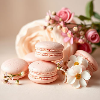 create a picture with blush macarons and a cream color background and some delicate flower