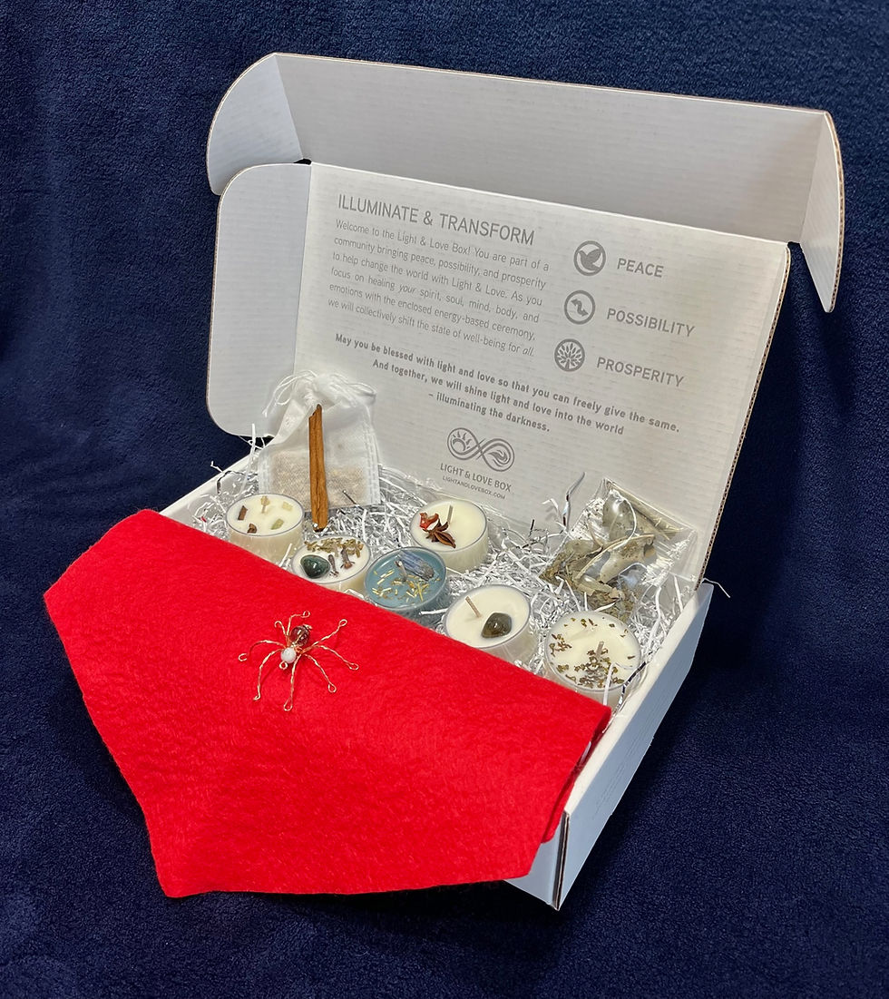 Light & Love Box with yarrow tea and cinnamon stick, basil & sage, a spider figurine, scarlet hexagonal fabric, and more.