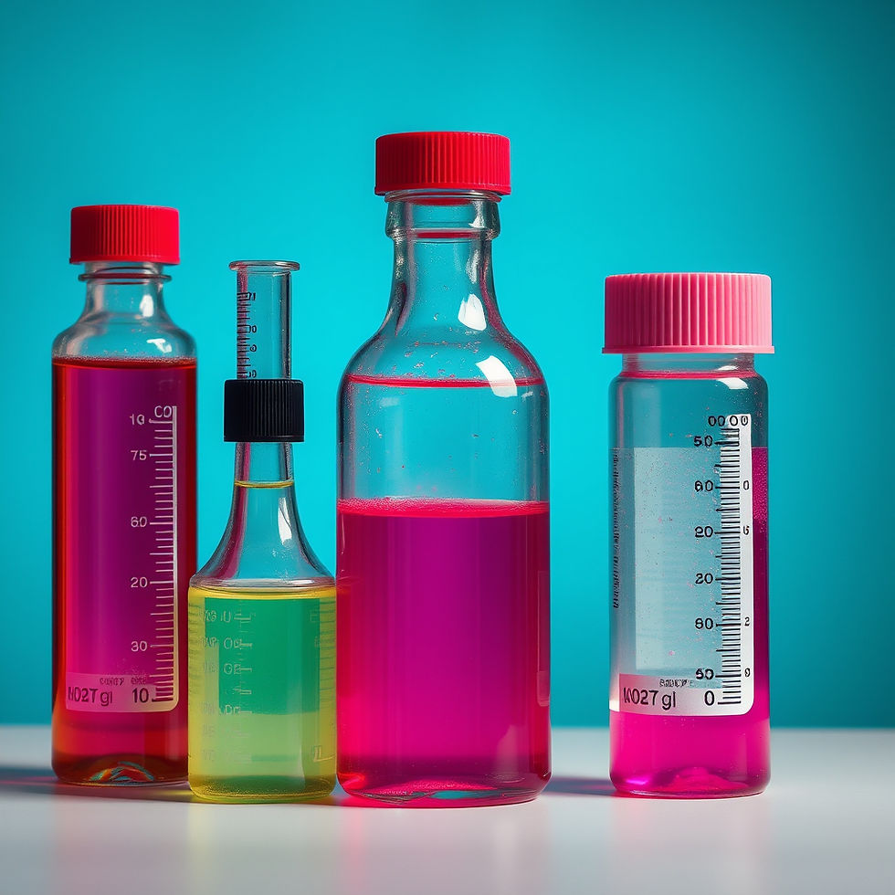 Four bottles with colorful liquids—pink, red, yellow