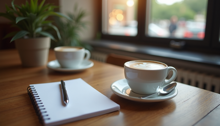 Eye-level view of a cozy coffee shop table with two cups of coffee and a notebook