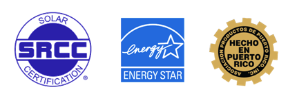 Tres logotipos sobre fondo blanco: SRCC Solar Certification, Energy Star y sello Hecho en Puerto Rico.