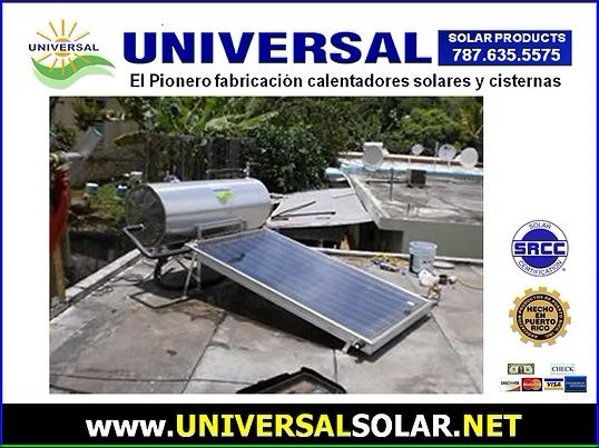 Anuncio de Universal Solar con panel y calentador solar en techo; texto: EL PIONERO, solar products y UNIVERSALSOLAR.NET