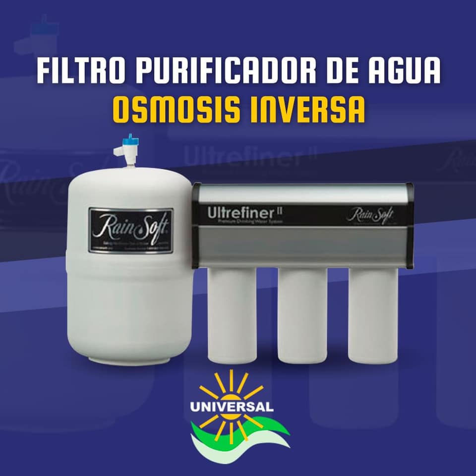 Filtro purificador de agua de ósmosis inversa RainSoft sobre fondo azul, con texto Universal y diseño blanco y gris. 787-635-5575