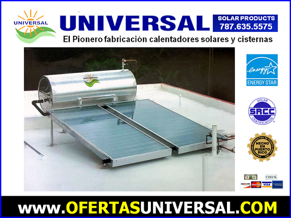 calentador solar en techo con tanque y paneles, logos ENERGY STAR/SRCC y web OFERTASUNIVERSAL.COM 787-635-5575
