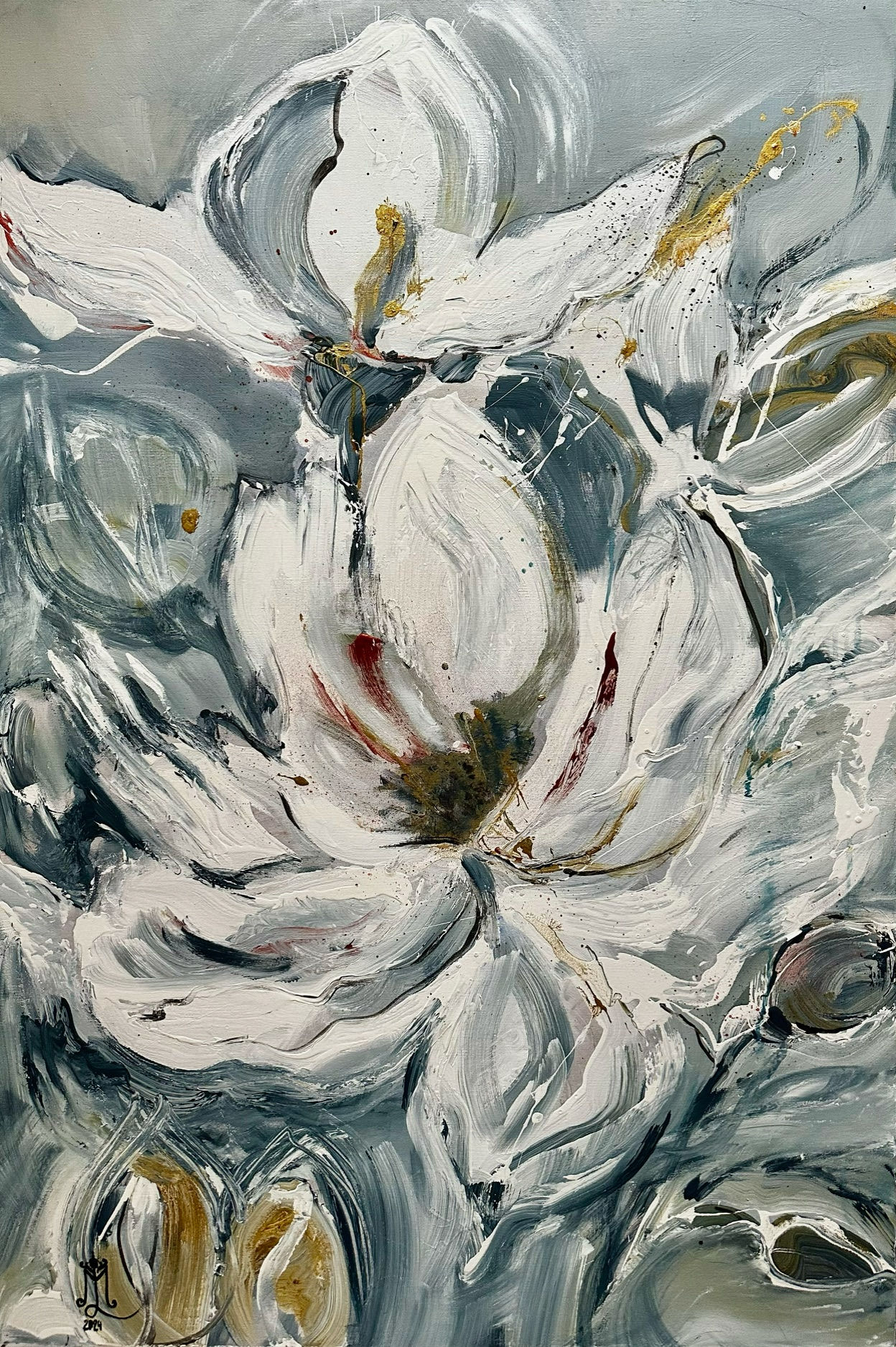 Konst av: Lill Marlen Elnegaard ”Guilded Petals I” 120x80cm på Kabusa Art Gallery