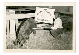 Young Black boy, pig, Logan Chapter Concord, N.C. sign