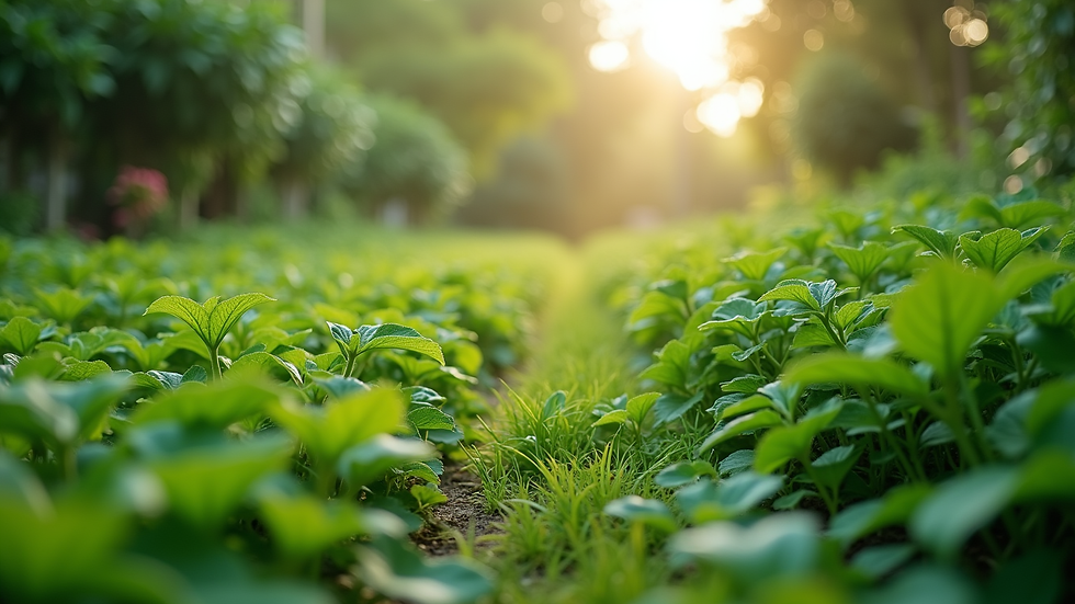 Eye-level view of a lush green garden with diverse plants