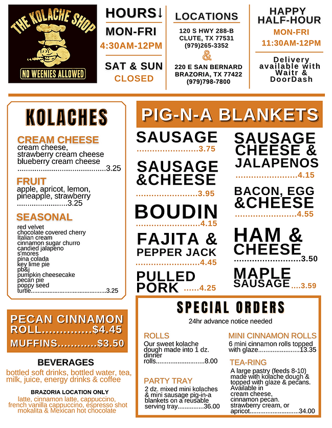 Colache Menu The Kolache Shop - Menu