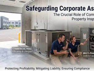 Two inspectors evaluating HVAC and electrical systems in a warehouse during a commercial property inspection process.