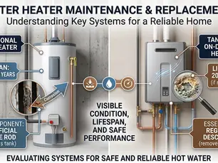 Comparison graphic highlighting tank vs. tankless systems for proper water heater maintenance and safety in the home.