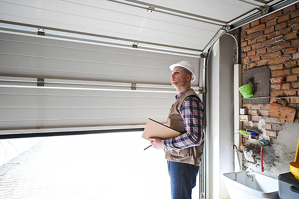 Inspector evaluating an overhead sectional door tracking mechanism for garage door safety requirements.
