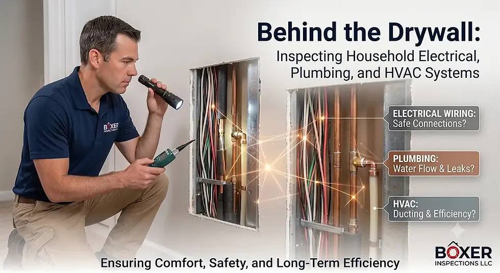 An inspector evaluating electrical, plumbing, and HVAC systems behind drywall during a detailed home inspection process.