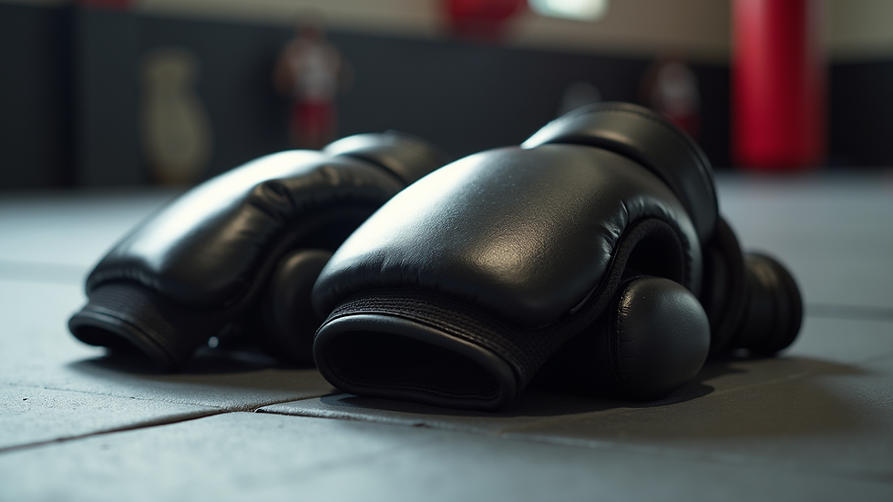 Close-up view of martial arts gloves and protective gear on training floor
