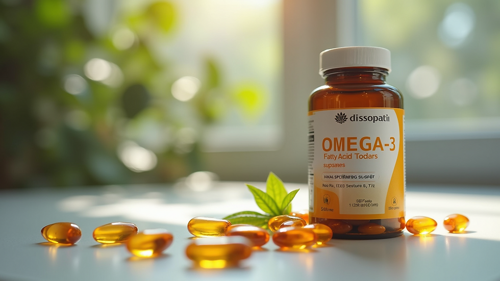 Eye-level view of a bottle of omega-3 fatty acid supplements