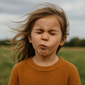 a child pulling a silly face in the wind - a metaphor for my blog piece.