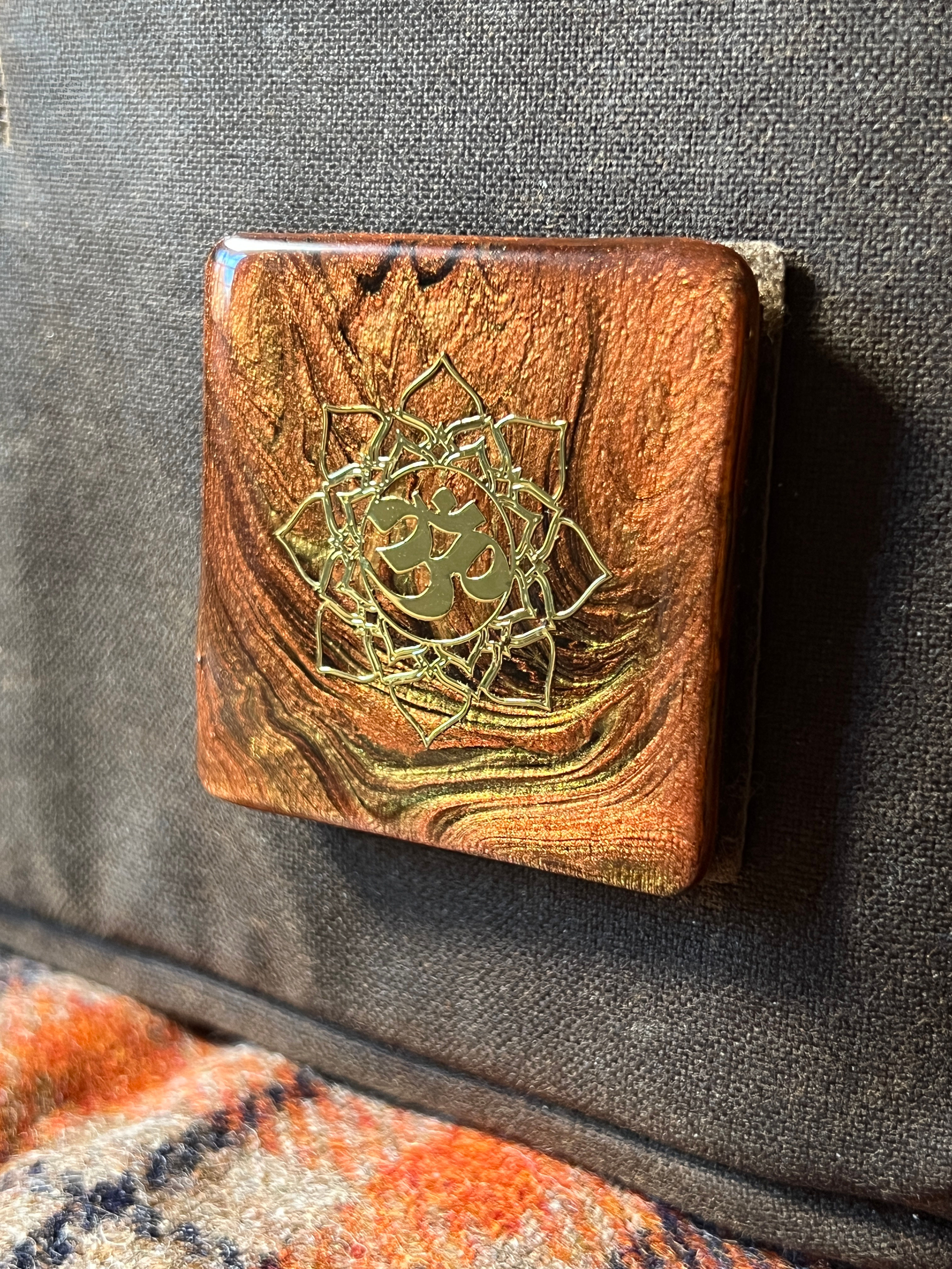 Om Aum Lotus, Copper & Gold - Velcro Patch (Material: Wood / Rounded Corners)