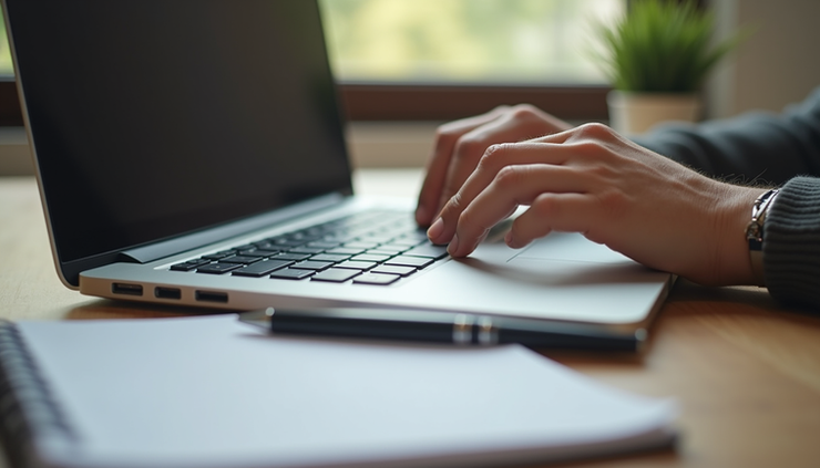 Eye-level view of a person typing on a laptop with a notebook and pen beside them
