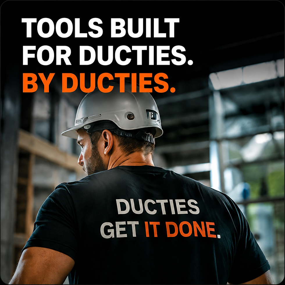 Ductwork installer on Australian construction site with Ductlink Tools Built for Ducties branding