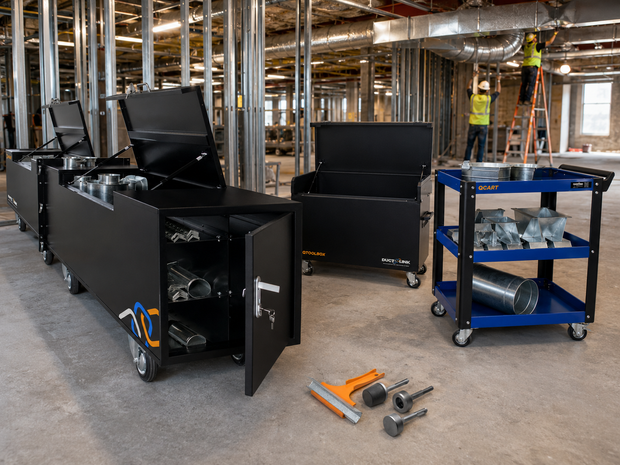Ductwork installer on Australian construction site with Ductlink Tools Built for Ducties branding