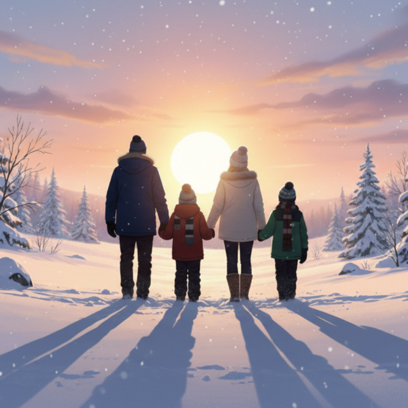 Family of four in winter coats and hats, holding hands, walking in snowy landscape at sunset. Snowflakes fall; a warm, serene scene.