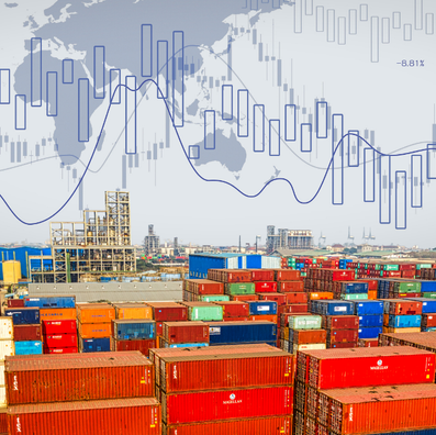 Rows of colorful shipping containers at a busy port, overlaid with a world map and stock market graphs, indicating global trade data.