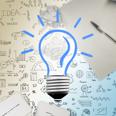 Crumbled paper in a lightbulb shape, over sketches of ideas and plans. A pen and paper suggest brainstorming, with a creative and innovative mood.