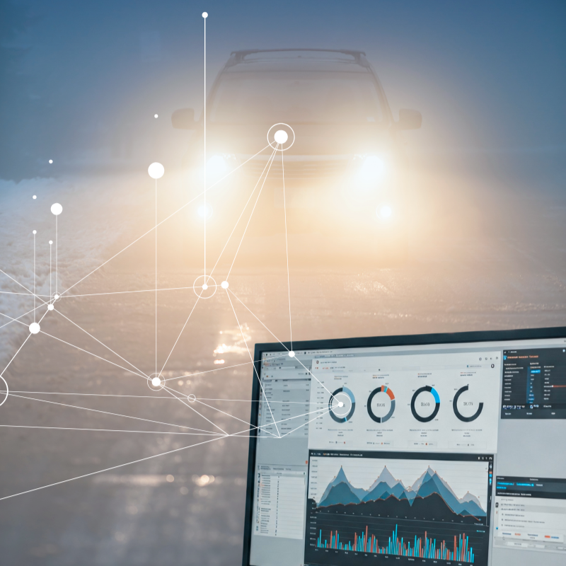 Car with headlights on in fog, data analytics dashboard displayed on a screen with charts and graphs, digital network overlay.