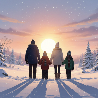 Family of four in winter coats and hats, holding hands, walking in snowy landscape at sunset. Snowflakes fall; a warm, serene scene.