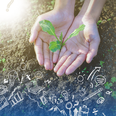 Hands cradle a green seedling on soil, surrounded by white sketches of tech and nature symbols. Soft light creates a hopeful mood.