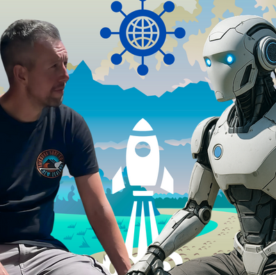 Clint sat with a futuristic robot with symbols of space travel and planetary supply chain