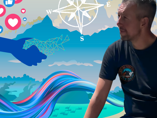 Clint looks out at images that represent social media engagement, working with AI, finding your way, and creativity.