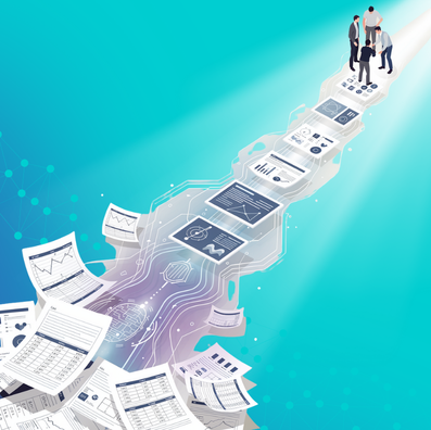 Business team on a digital path made of graphs and charts, set against a blue gradient background with floating papers, indicating progress.