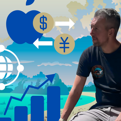 Clint looks out at images that represent Apple, trade between US and China, global networking, and improving results.