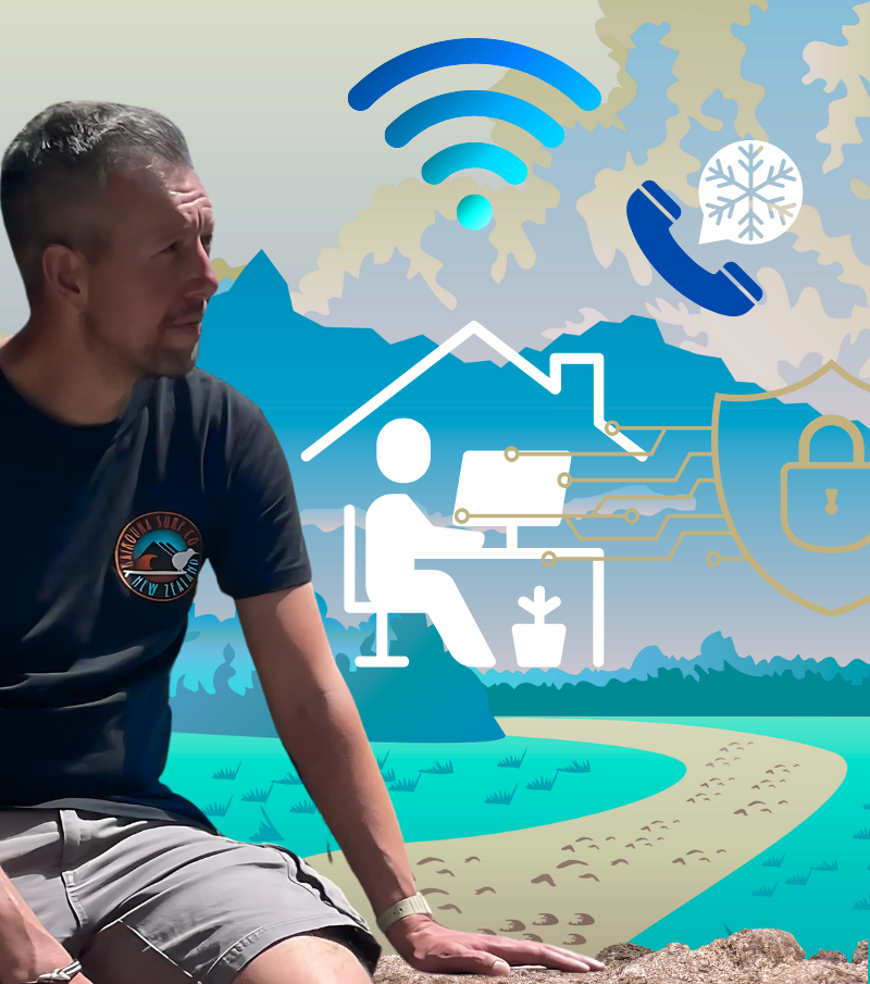 Clint looks out at images that represent working from home, cyber security, cold calling, and WiFi.