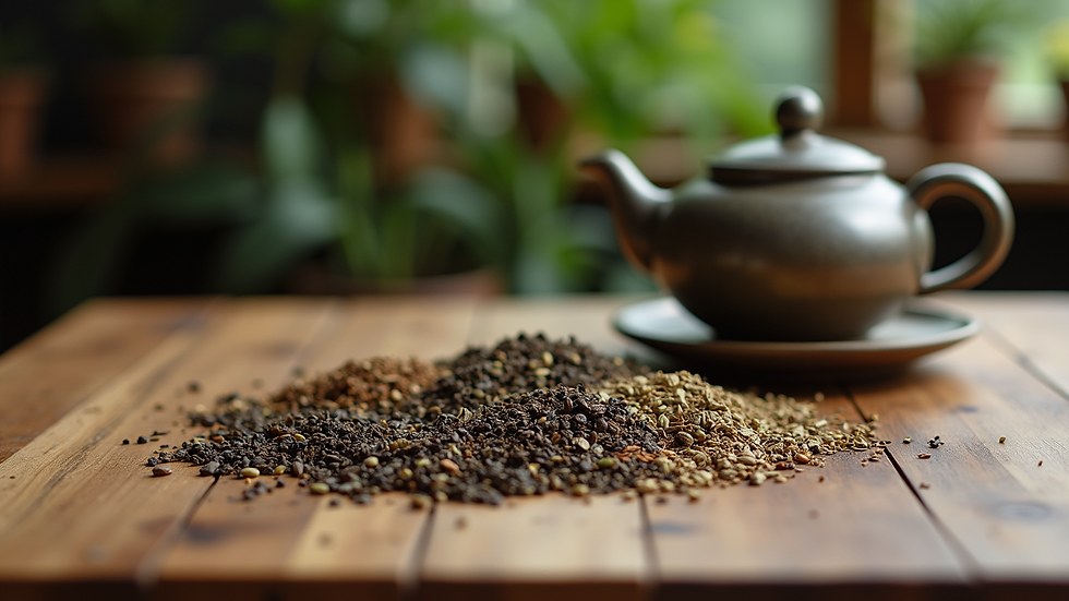 Eye-level view of a wooden table with various dried herbs and a teapot