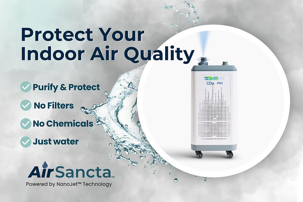 Air purifier on wheels emits mist. Text: "Protect Your Indoor Air Quality," features: "Purify & Protect, No Filters, No Chemicals, Just Water." Blue tones.