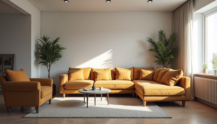 Eye-level view of a living room with poorly arranged furniture and cluttered surfaces