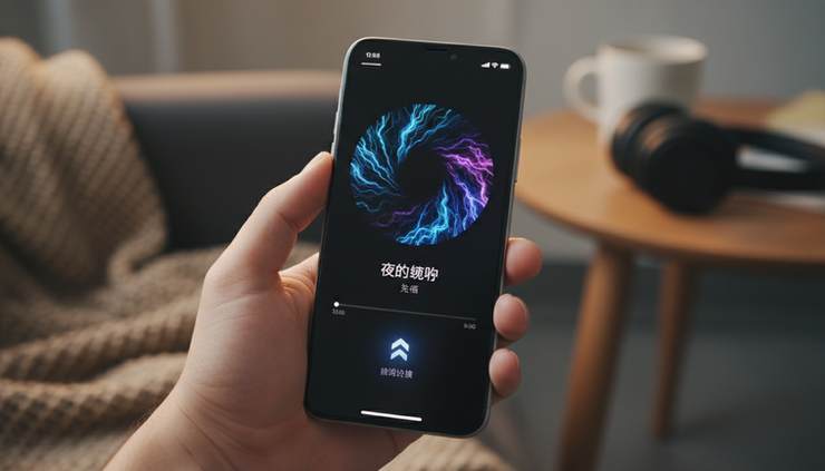 近景展示手指正在手机上滑动音乐播放界面