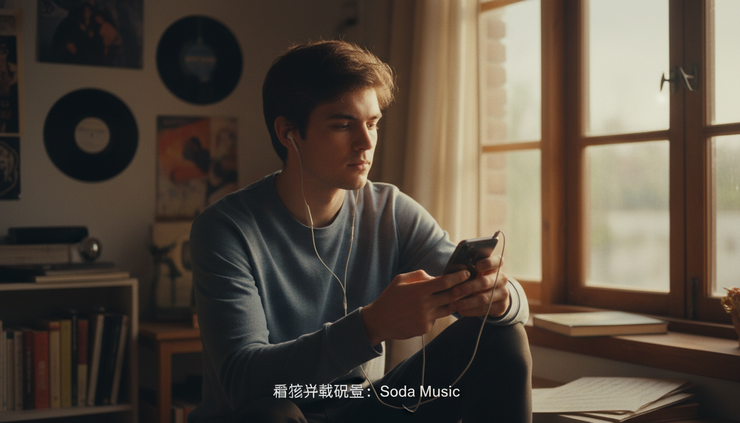 广角视图中一名年轻人在窗边用手机听音乐