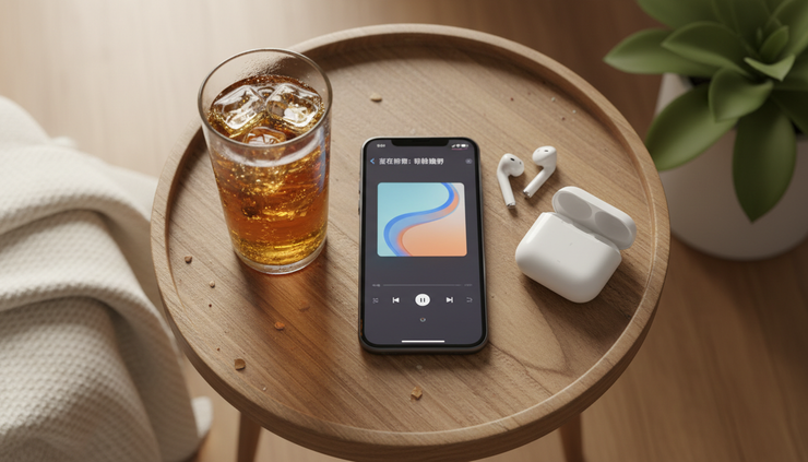俯视视角下,一部手机正在播放音乐,旁边放着耳机和一杯汽水。