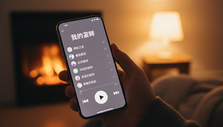 近景视角展示一部手机正在播放音乐界面