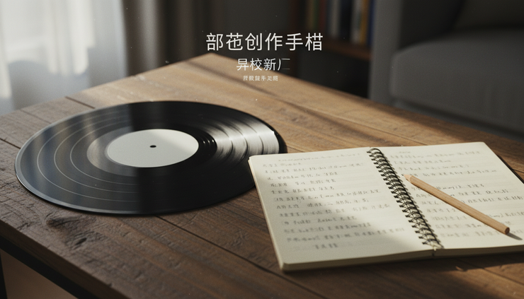 近景视图中黑胶唱片旁放着手写歌词本