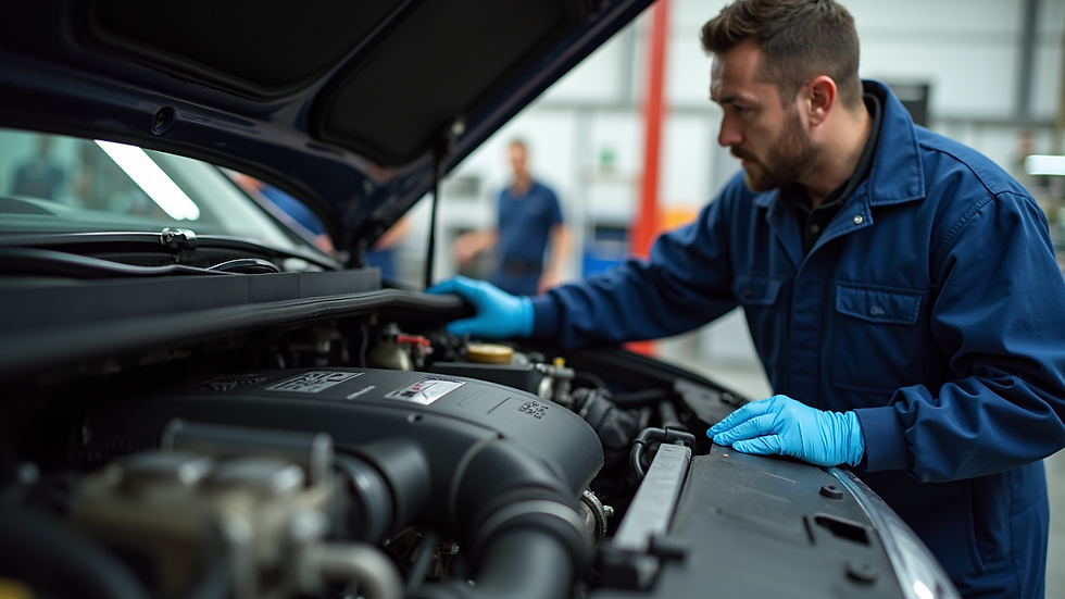 Close-up view of a mechanic inspecting a car engine in a Calgary repair shop