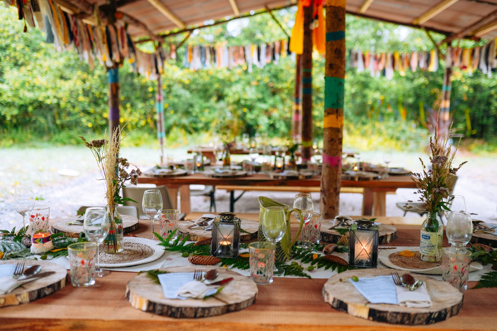 Table settings and decoration for The Woodland Table dining, Glastonbury.