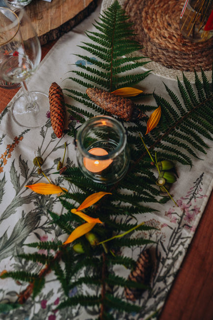 Table decorated for The Woodland Table dining, Glastonbury.