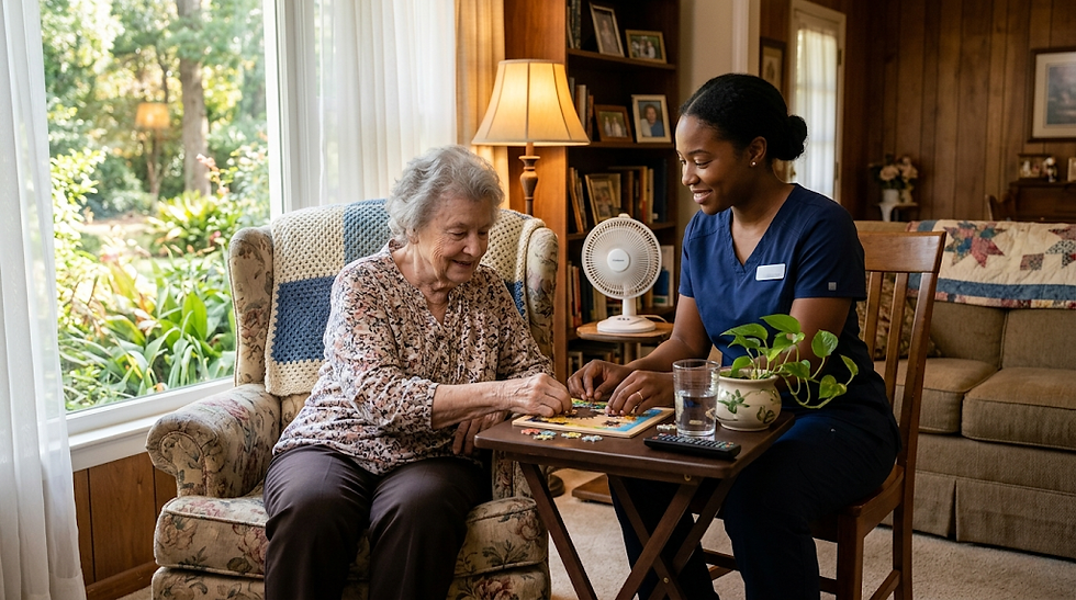 Elderly woman and caregiver smiling while solving a puzzle in a cozy room with soft lighting and outdoor greenery visible through the window.