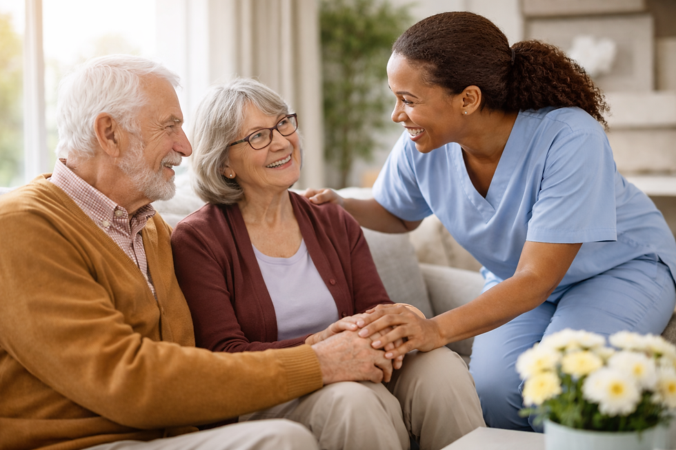 A smiling caregiver leans in to comfort an elderly couple as they sit together on a sofa in a bright living room.