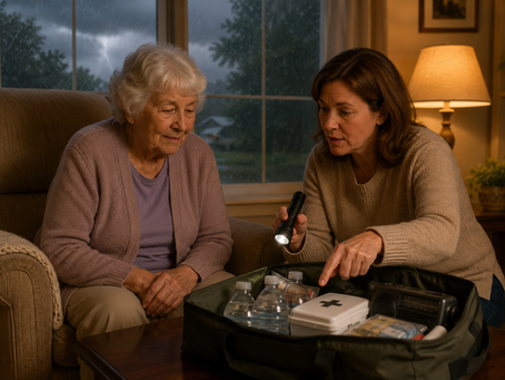 A middle aged daughter kneels beside her elderly silver haired mother in a softly lit living room, reviewing an emergency weather kit together as a storm gathers outside the window.