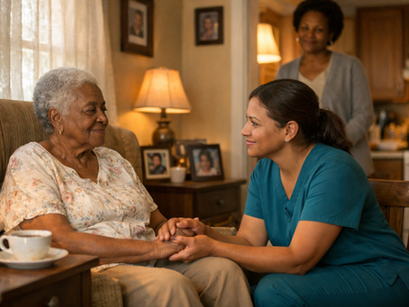Elderly woman and nurse hold hands in a cozy living room, smiling warmly, with a woman standing in the background.